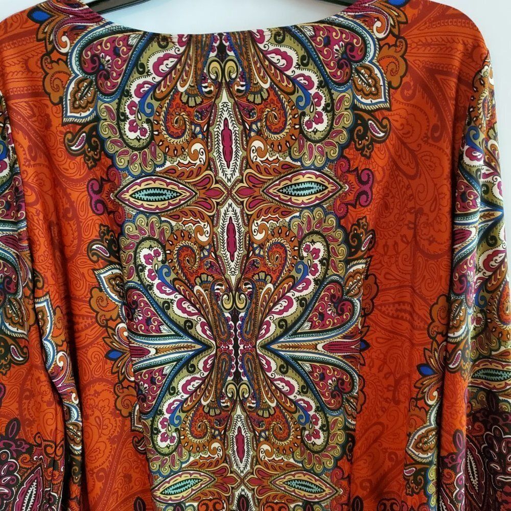 Boho Tunic Top With Long Flared Sleeves With A Paisley Mandala Print Sz PL - Picture 3 of 12